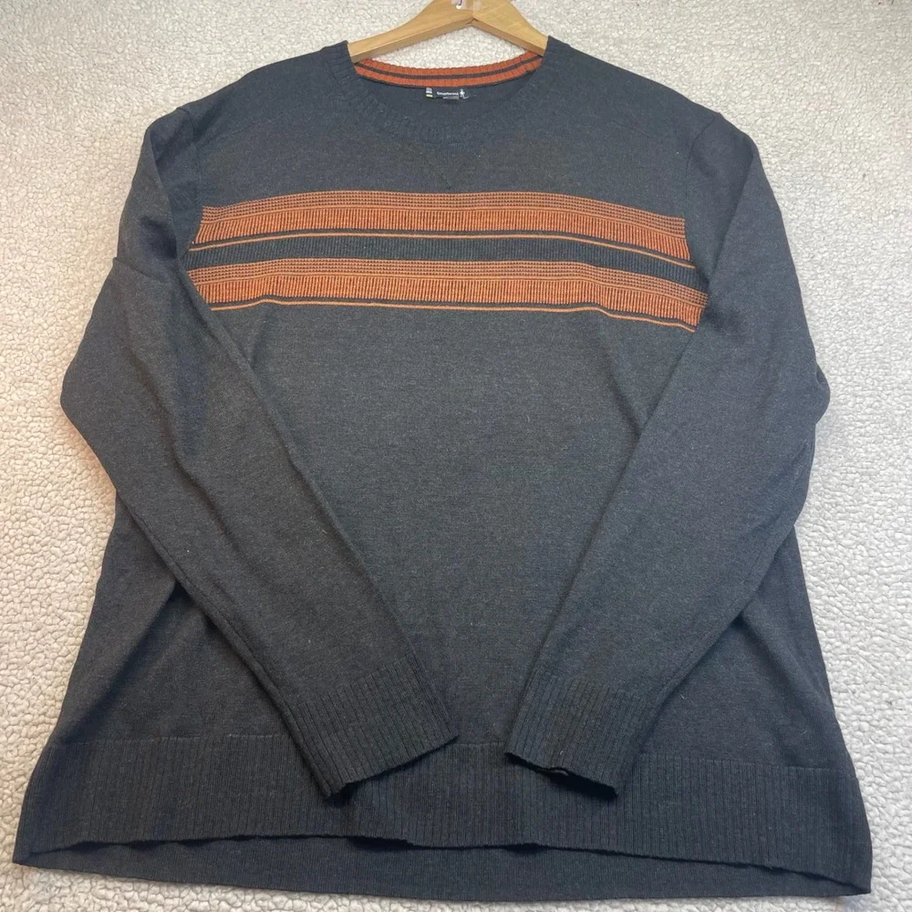 Smartwool Sweater Mens XL Charcoal Orange Stripe Crewneck Wool Blend SW016474
